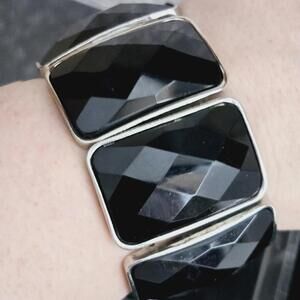 Chunky Black Faceted Silver Tone Stretch Bracelet
